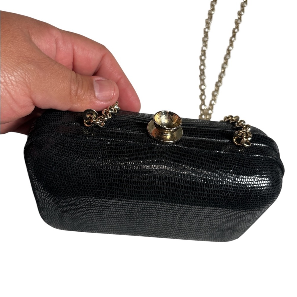 Ann Taylor Black Textured Clutch with gold Chain Strap - Picture 3 of 10